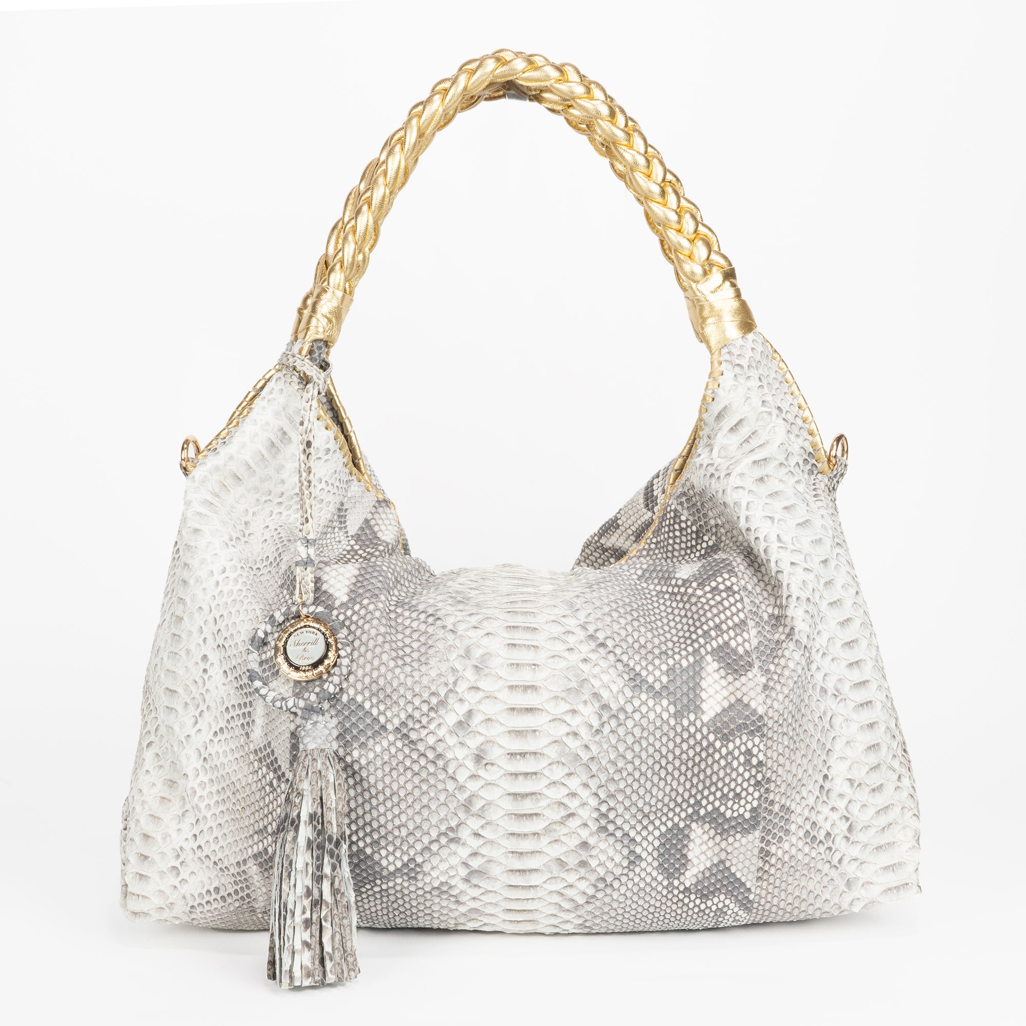 Gray and white python bag, hand handle