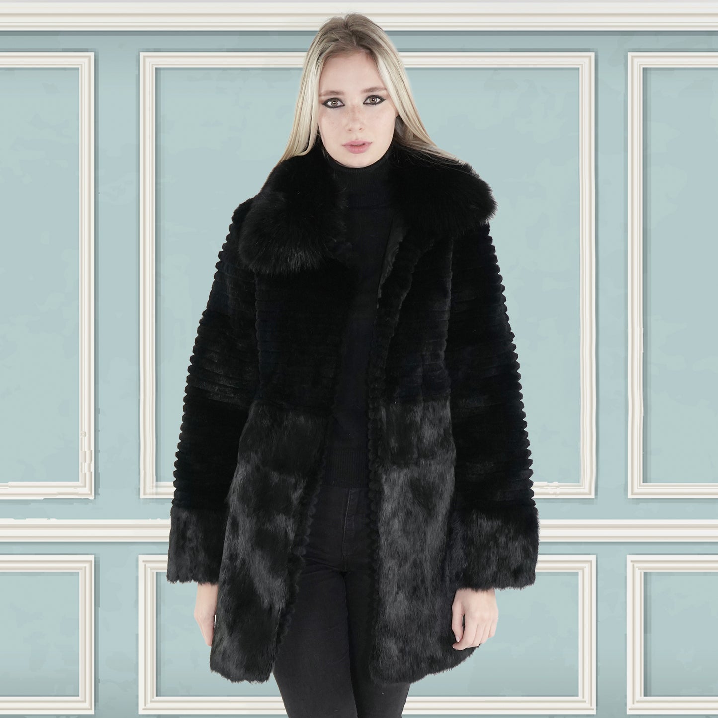 Black Real Rabbit Fur Coat "Nathalie"