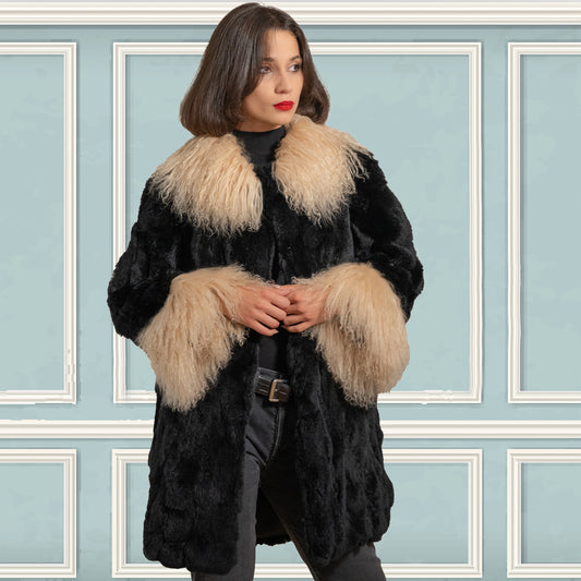 Black Rabbit Fur Coat With Mongolian Lamb Trim "Dot"