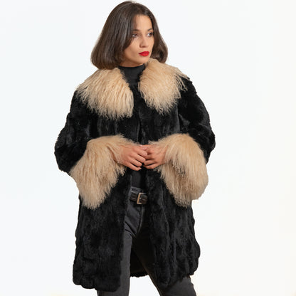 Black Rabbit Fur Coat With Mongolian Lamb Trim "Dot"