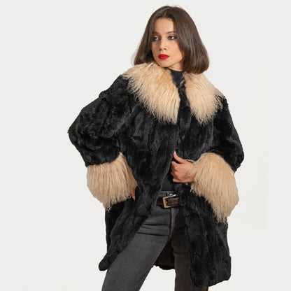 Black Rabbit Fur Coat With Mongolian Lamb Trim "Dot"