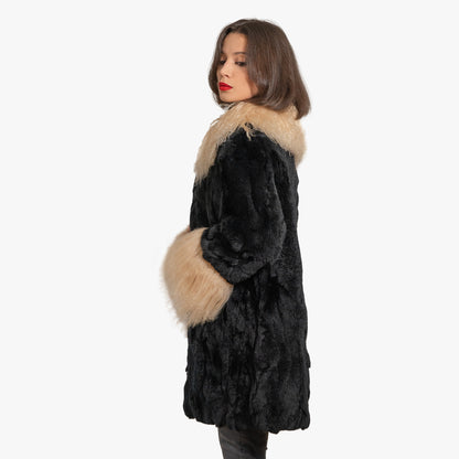 Black Rabbit Fur Coat With Mongolian Lamb Trim "Dot"