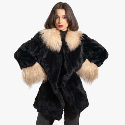 Black Rabbit Fur Coat With Mongolian Lamb Trim "Dot"