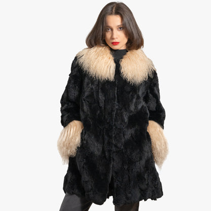 Black Rabbit Fur Coat With Mongolian Lamb Trim "Dot"