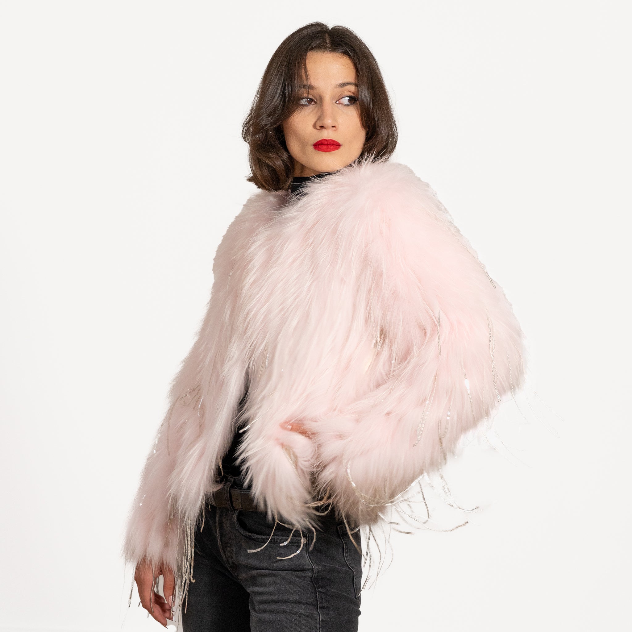 Pink rabbit fur jacket sale