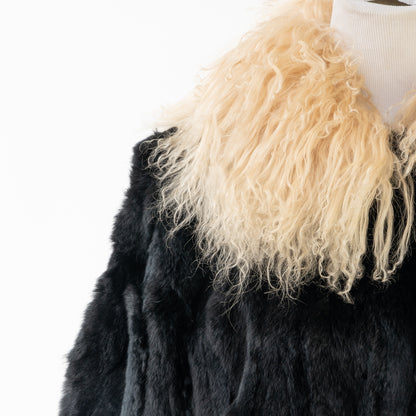 Black Rabbit Fur Coat With Mongolian Lamb Trim "Dot"