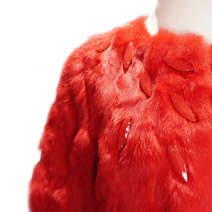 Red Real Rabbit Fur Jacket With Stones "Deenie"