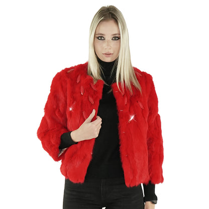 Red Real Rabbit Fur Jacket With Stones "Deenie"