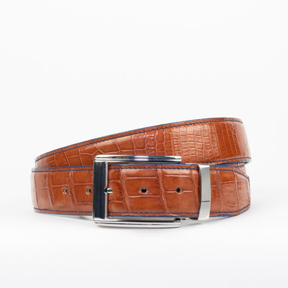 Peanut Crocodile Belt with Blue Stitching