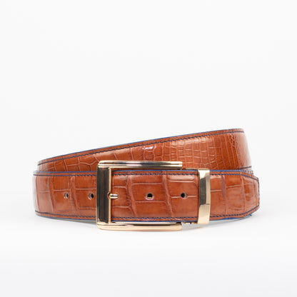 Peanut Crocodile Belt with Blue Stitching