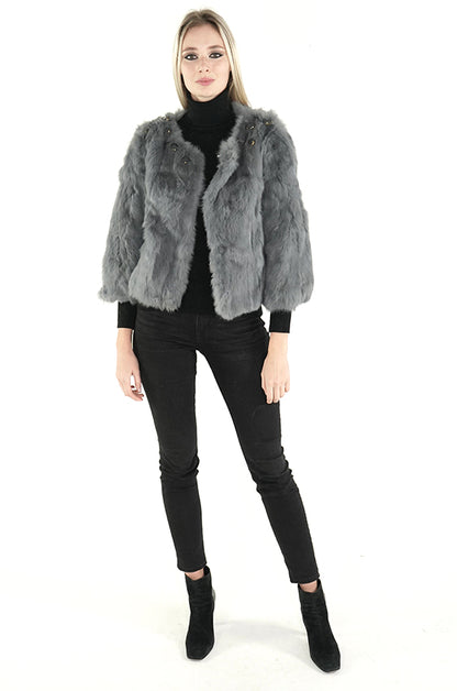 Beaded Gray Rabbit Fur Jacket "Dita"