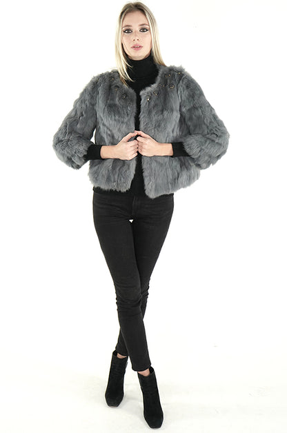 Beaded Gray Rabbit Fur Jacket "Dita"