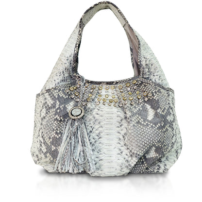 Beaded Gray and White Genuine Python Hobo "Jennifer"