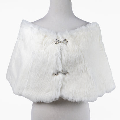 White rabbit fur cape with rhinestone closure