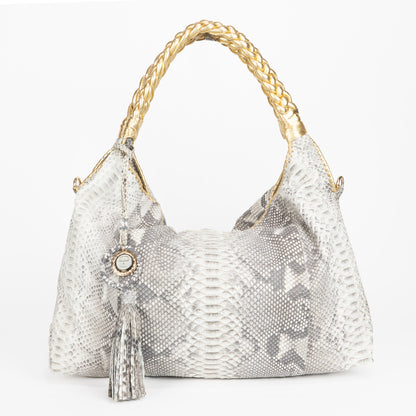 Gray python bag with gold handle and python tassel